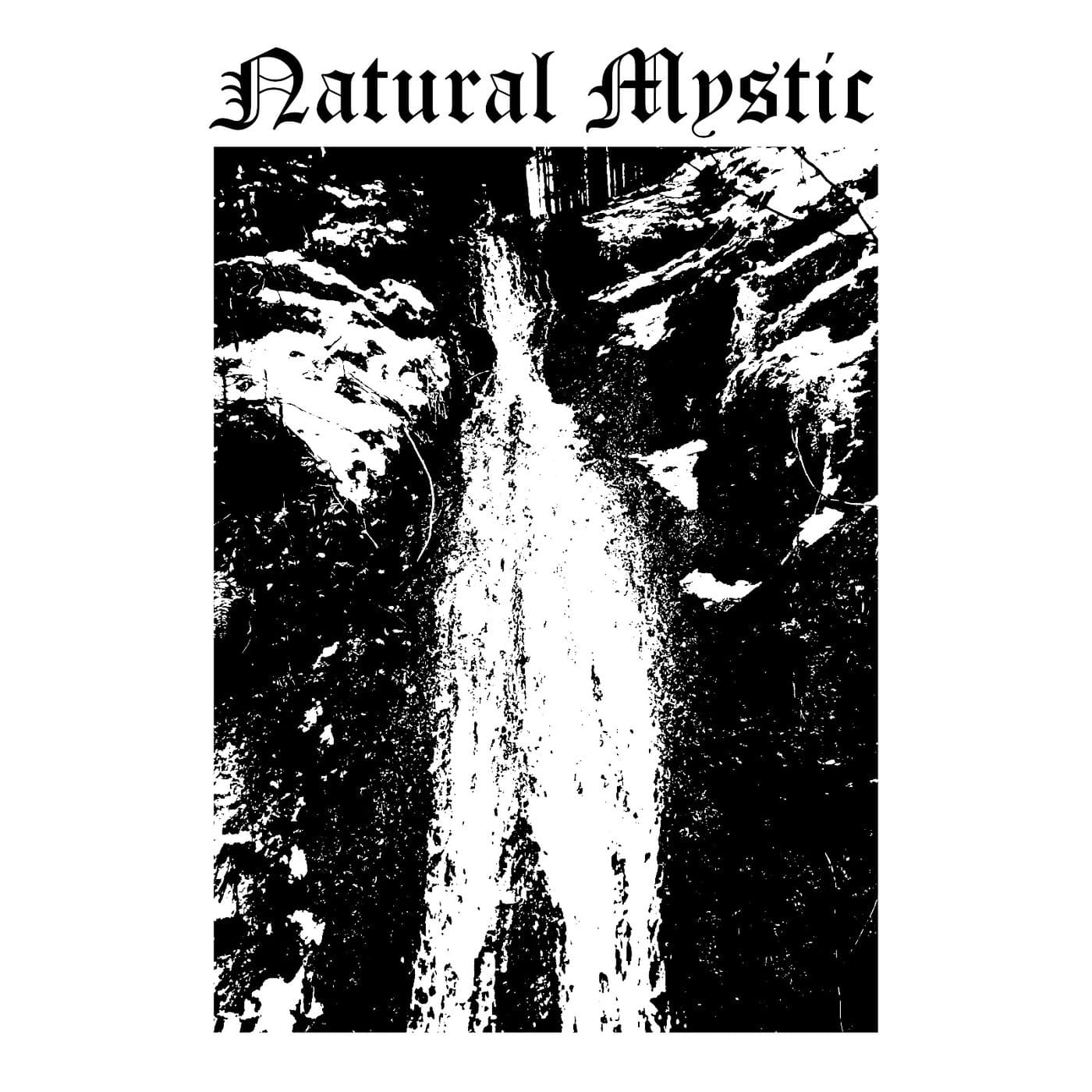 Natural Mystic cover: a high-contrast black and white waterfall under a blackletter title